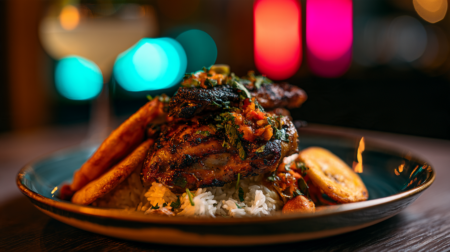 Poulet braisé, riz et alloco servis à La Suite 34, Paris 13e